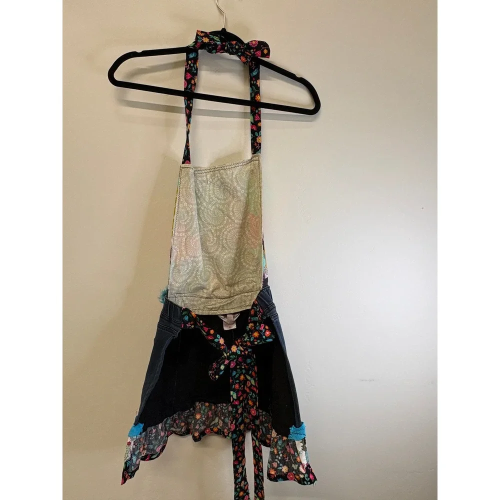 Handmade Upcycled Frida Kahlo Denim Apron Ruffle Pom Pom One Size 34in